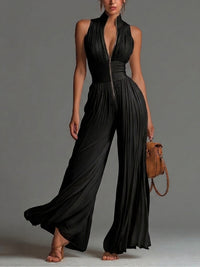 Victoire | Black Chiffon Jumpsuit with V Neckline and Wide Pleated Trousers