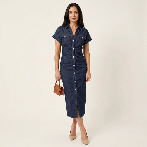Maya | Midi Fitted Denim Dress with Front Buttons
