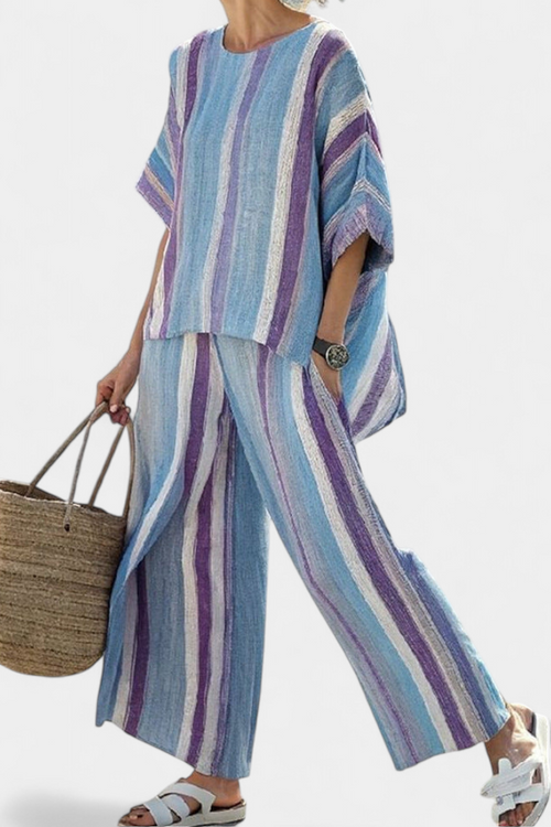 Julietta | Women's Set with Pastel Purple Top and Striped Linen Pants