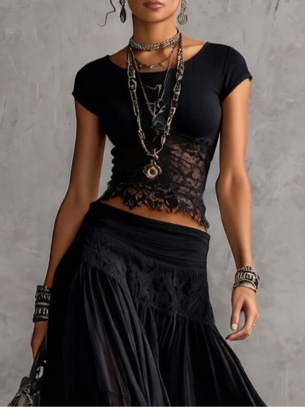 Geneviève | Sheer Black Lace Top and Pleated Maxi Skirt Set