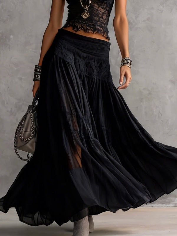 Geneviève | Sheer Black Lace Top and Pleated Maxi Skirt Set