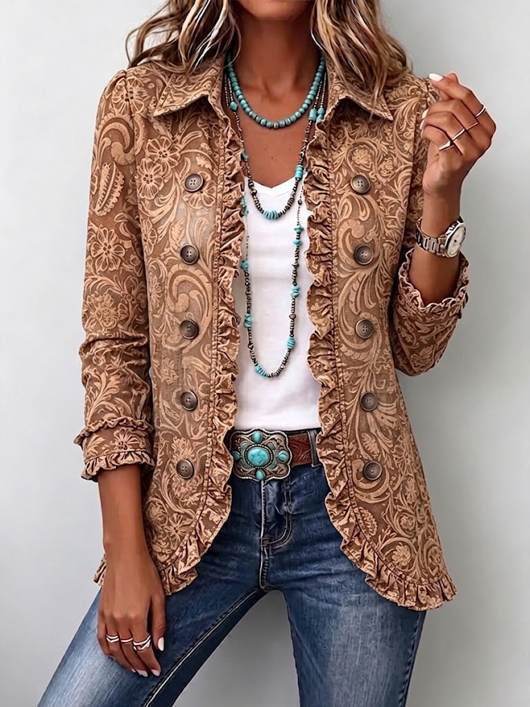 Noémie | Retro Boho Brown Floral Jacket with Ruffles