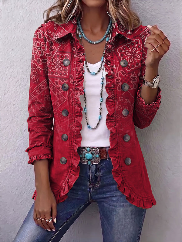 Gaëlle | Boho Jacket with Red Ombré Paisley Print and Ruffles