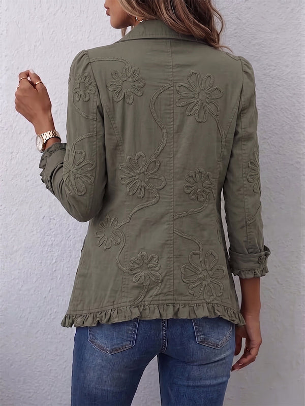 Alexandrine | Boho-Chic Jacket with Retro Green Floral Print and Gathered Hems