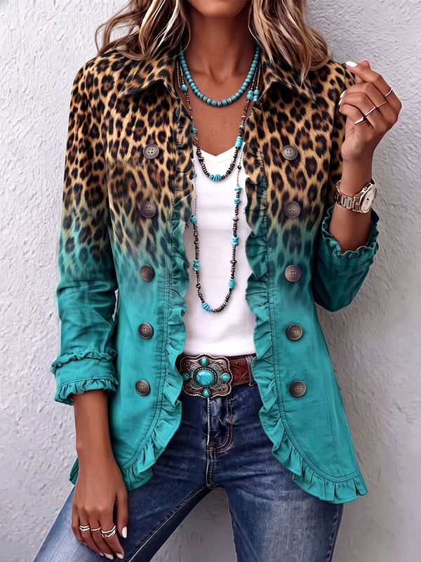 Béatrice | Turquoise Ombré Leopard Blazer with Ruffles