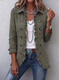 Alexandrine | Boho-Chic Jacket with Retro Green Floral Print and Gathered Hems