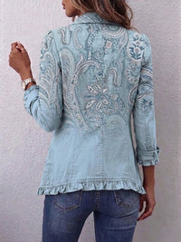 Émilie | Retro Jacket with Sky Blue Paisley Print and Ruffles
