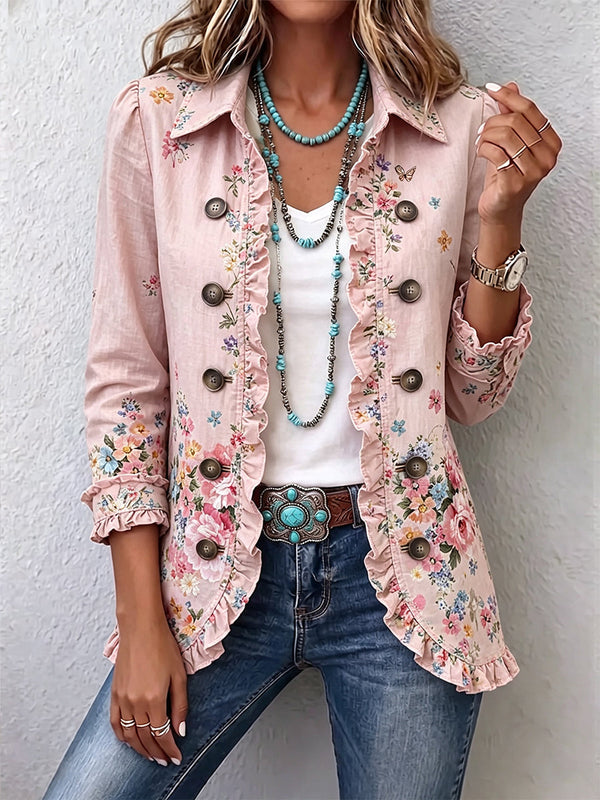 Martine | Pink Floral Jacket with Ruffles and Buttons
