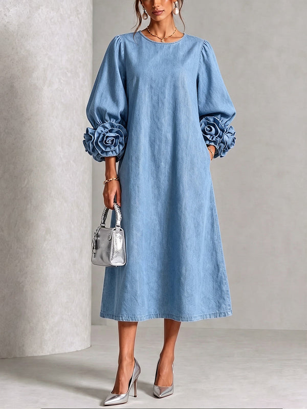 Chambray Denim Midi Dress with 3D Rosette Sleeves