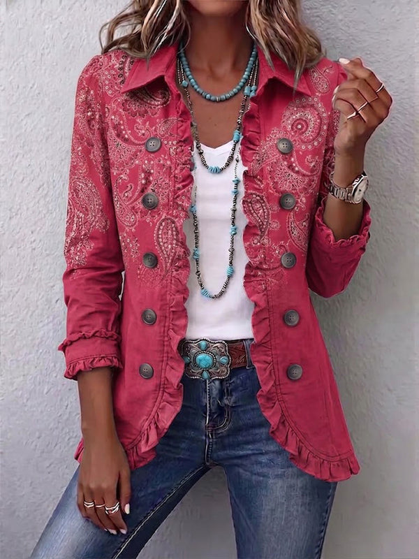 Iseult | Retro Jacket with Antique Rose Paisley Print and Ruffles