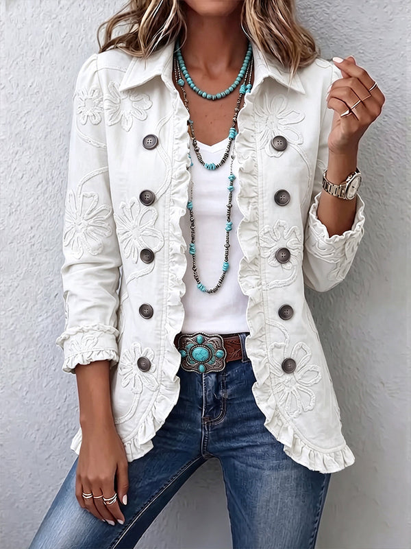 Camille | Boho-Chic Jacket with Ivory Floral Embroidery and Gathered Hems