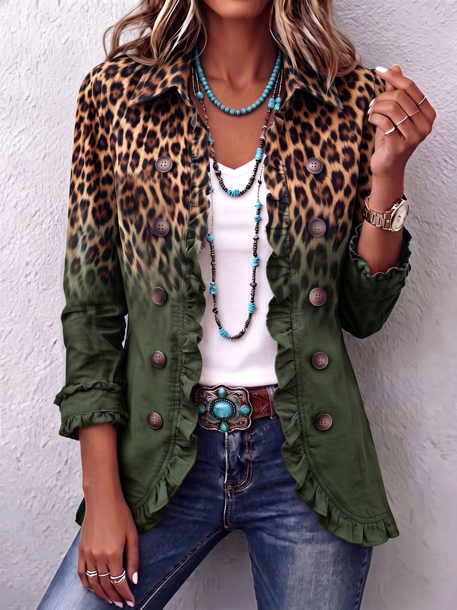 Louise | Blazer with Olive Ombré Leopard and Ruffles