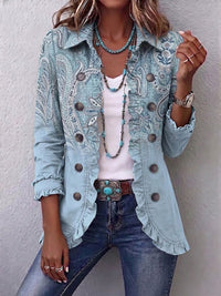 Émilie | Retro Jacket with Sky Blue Paisley Print and Ruffles