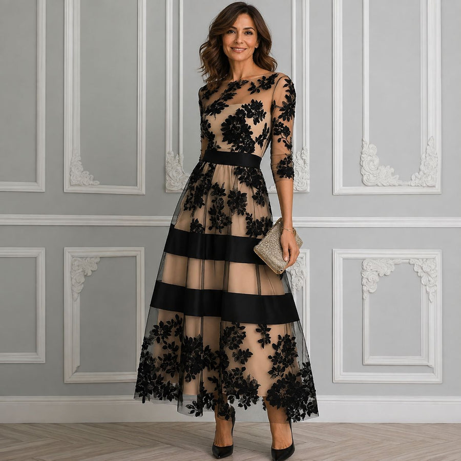 Elegant Black Lace A-Line Midi Dress